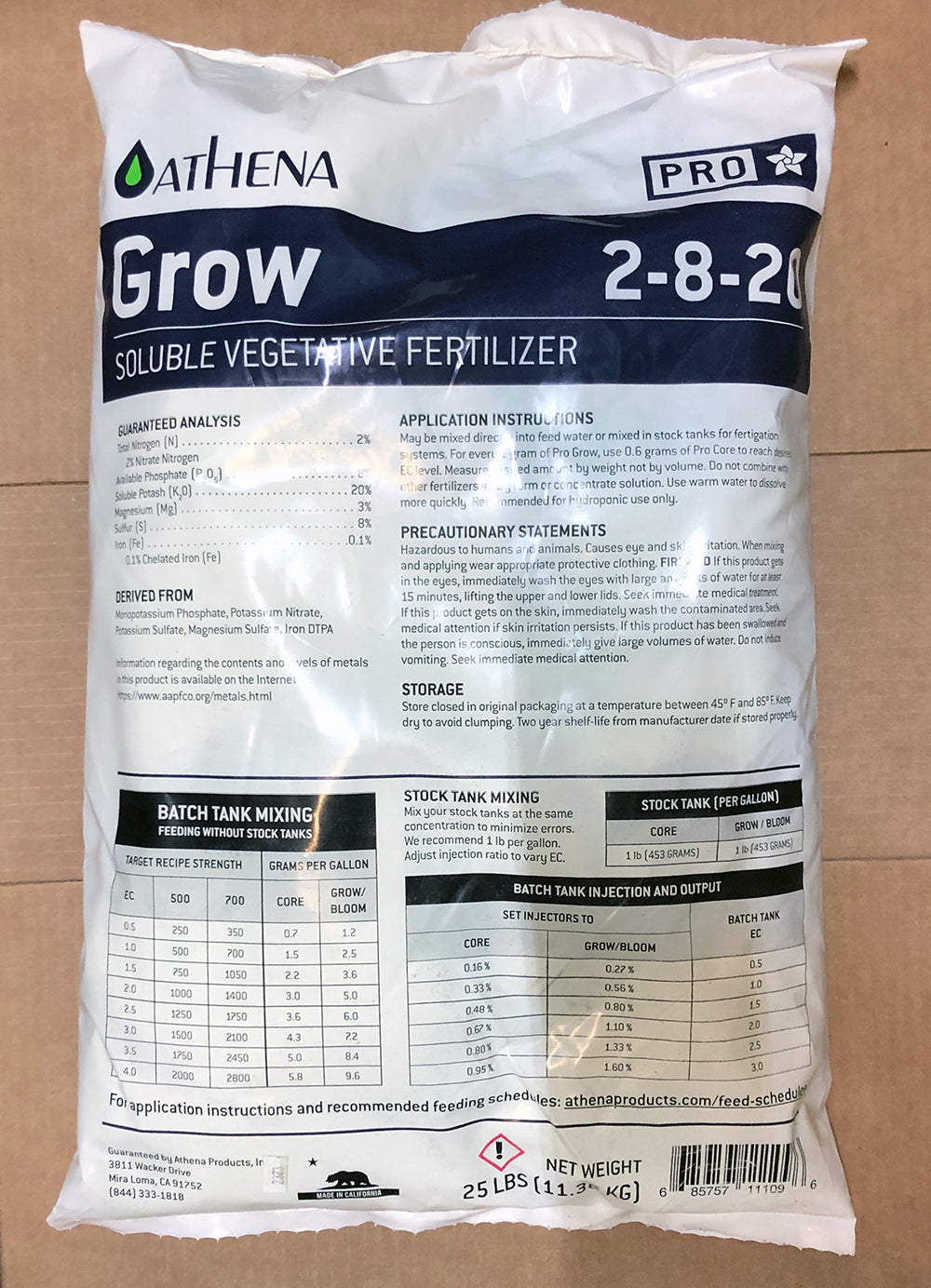 Athena Pro GROW 2-8-20 Soluble Vegetative Fertilizer Nutrients 25lb
